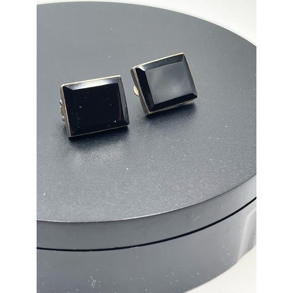 Rectangle Black Glass and 925 Mexico Sterling Silver Clip on Earrings - Picture 12 of 16